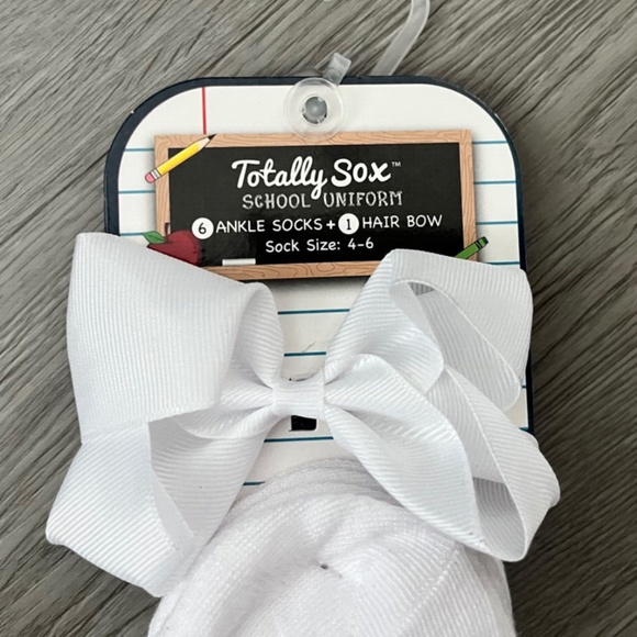3 For $15 Totally Sox Girl's White School Uniform Ankle Socks and Hair Bow Sock - Picture 2 of 5